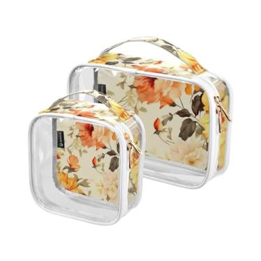 Imagem de GAIGEO Conjunto de bolsa cosmética transparente de flor de peônia rosa, bolsa de cosméticos com zíper duplo, bolsa de higiene pessoal tamanho viagem para mulheres, pacote com 2, Laranja floral e