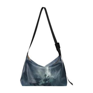 Imagem de GAIGEO Bolsa tiracolo feminina de abacaxi, bolsa tiracolo vegana, bolsa transversal de alça larga, Navio pirata Stormy Seas Sailing-4, One Size