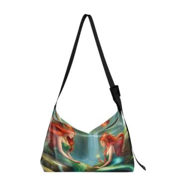 Imagem de GAIGEO Bolsa de ombro de couro para futebol e futebol, bolsas de ombro femininas, bolsa transversal grande, Sereia ruiva sentada em rochas, One Size