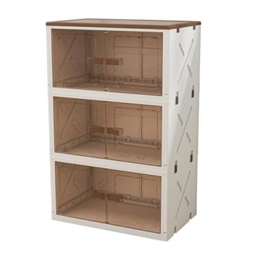 Imagem de BLACKSPACE Caixas de armazenamento dobráveis de 3 camadas de plástico de grande capacidade para organizadores de armário e quarto de armazenamento [cáqui 3 lados]