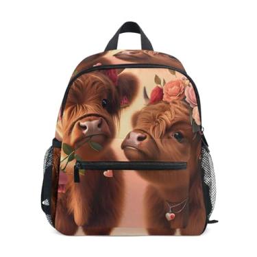 Imagem de GAIGEO Valentines Highland Cow Cute Toddler School Backpack with Whistle, 2 Bottle Pockets, Lightweight, Baby Backpack for Daycare 10x4x12 In, for Ages 3-8