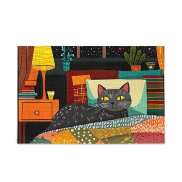 Imagem de Quebra-cabeças de madeira e papel, 1000 peças, gato deitado na cama, quebra-cabeças engraçados para adultos