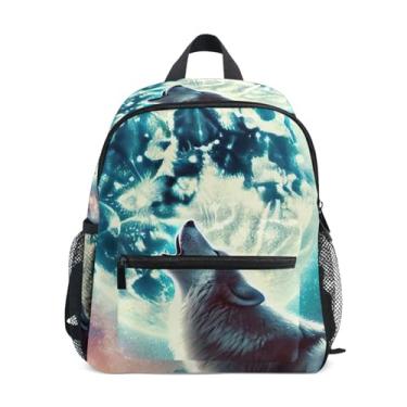 Imagem de GAIGEO Moon Night Wolf Mini Toddler Backpack 10x4x12 In, Backpack for Boys with Water Bottle Pockets, Whistle Buckle