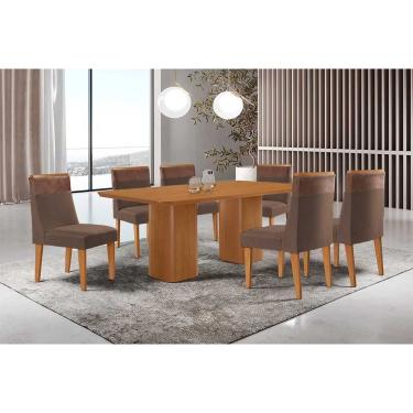Imagem de Sala Jantar Mesa Maldivas Tampo Curvo 180cm+6 Cadeiras Jaspe Madeira Naturale - Capuccino/Suede Marrom - Rufato