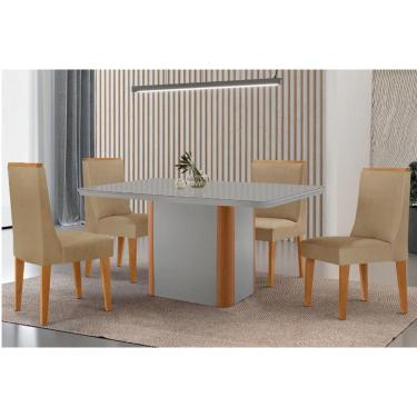 Imagem de Sala Jantar Mesa Pietá Tampo c/ Vidro Curvo 120cm+4 Cadeiras Dakota Madeira Naturale/Off White - Capuccino/Linho Bege - Rufato