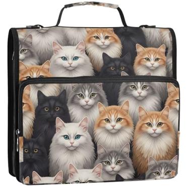 Imagem de Lindo organizador de fichário com zíper, 3 anéis, 3 anéis, gatos de pelo fofo, vários bolsos, bolsa grande com alça para escola, 34,5 x 31,5 x 9 cm