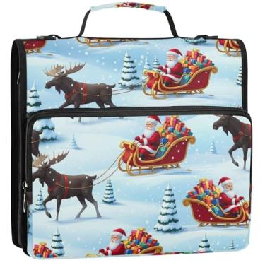 Imagem de Fichário de 3 anéis de trenó de rena azul de Natal 3 polegadas D fichário organizador de fichários escolares bolsa com alça de ombro vários bolsos pasta grande para portfólio, 34,5 x 31,5 x 9 cm