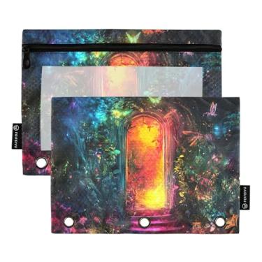 Imagem de GAIGEO Pasta de lápis colorida verde laranja com 3 argolas, bolsa de lápis com zíper, lindos bolsos para fichários escolares transparentes, trabalho 25 x 18 cm, 2 pacotes