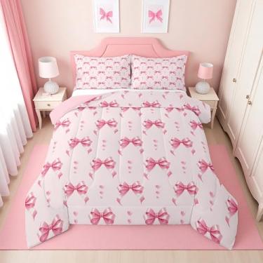 Imagem de Erosebridal Conjunto de edredom Queen com laço rosa para meninas, com fita rosa, para crianças, adolescentes, princesas, kawaii, decoração de quarto, 2 fronhas