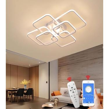 Imagem de Luminária de teto LED moderna e regulável para sala de estar com controle remoto e mudança de cor, ideal para quarto, cozinha e sala de jantar (branca, 6 anéis).