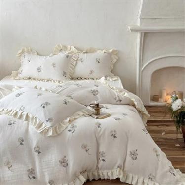 Imagem de Jogo de Cama Vintage com Estampa Floral e Babados, 4 Peças, em Algodão Puro, Incluindo Capa de Edredom Dupla, Fronhas, Lençol de Cima e Lençol de Baixo, Estilo 1, Tamanho Queen (200x230cm)
