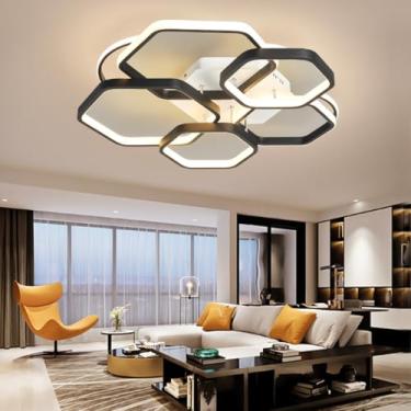 Imagem de Luminária de teto LED dimerizável, preta, com controle remoto, modelo circular de 5 anéis, ideal para sala de estar, quarto, escritório ou sala de estudos. Iluminação moderna em LED. (Preta)