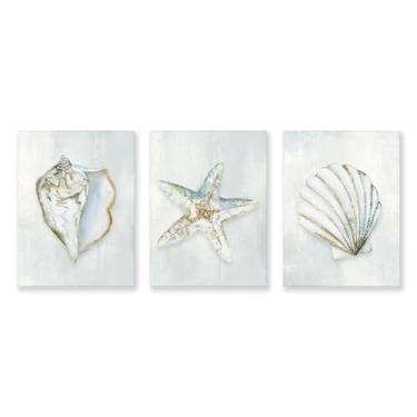 Imagem de Decoração de banheiro concha azul concha vieira estrela do mar arte de parede moderna costeira para paredes conchas emolduradas em aquarela imagens para decoração de quarto sala de estar 30 x 40 cm x