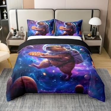 Imagem de Erosebridal Jogo de cama solteiro Astronaut Capybara - Universo temático do espaço sideral, capa de edredom 100% algodão para crianças, meninos, meninas, conjunto de cama de planeta galáxia, capa de