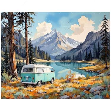 Imagem de Kit de pintura de acampamento por números para adultos – Vista panorâmica da montanha DIY com pintura de van de trailer em tela 40,6 x 50,8 cm, conjunto de tinta acrílica, adequado para iniciantes