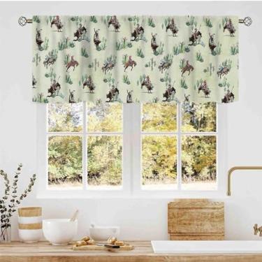 Imagem de TKUYO Western Valance, Wild West Farmhouse Cowboys Montando Cavalo Deserto Verde Cacto Cottage Cortina Pequena Janela Curta para Cozinha Café Sala de Estar Quarto Armário Banheiro, 137 cm x 45 cm