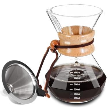 Imagem de Vaolvpant Conjunto de cafeteira de vidro borossilicato alto de 1000 ml para acampamento com filtro reutilizável de aço inoxidável 304 adequado para fogão elétrico de cerâmica