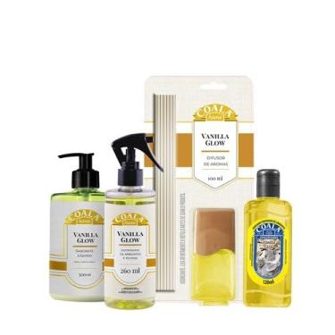 Imagem de Kit Coala Home Vanilla Glow com Difusor de aromas, sabonete líquido, odorizante e limpador concentrado