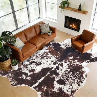 Imagem de coffinsea Tapete de couro sintético de vaca grande de 2,4 x 3 m para sala de estar, decoração ocidental, tapete marrom para quarto, casa, escritório, tapete com estampa de vaca marrom para decoração