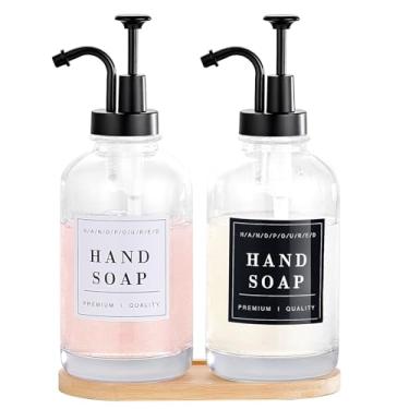 Imagem de Dispensador de sabão de vidro com bomba, bandeja, funil, sabonete de bancada e dispensador de loção conjunto de 2, dispensador de louça e sabonete de mão para pia de cozinha, banheiro, chuveiro, com