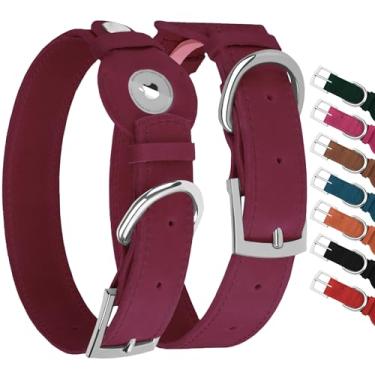 Imagem de Coleira de couro para cães com suporte para Airtag – Coleira para cães Apple Air Tag – Coleira macia para animais de estimação para cães pequenos, médios e grandes (vinho, GG, ajuste de pescoço de 48