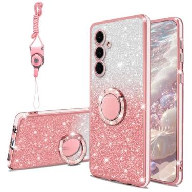 Imagem de KuDiNi Capa para Samsung Galaxy S24 FE (2024) Sparkle Bling Sparkly Slim Clear TPU Thin Shiny Glitter Women Girly, Capa de proteção à prova de choque com suporte de anel e alça para S24 FE, ouro rosa