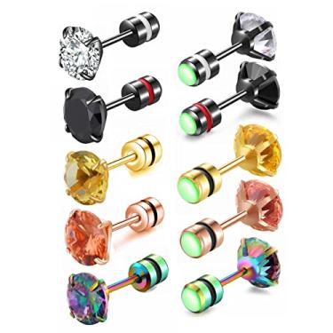 Imagem de ZQGOFPT 5 pares de brincos de titânio com parafuso traseiro para mulheres e homens, brincos de aço inoxidável hipoalergênicos, brincos masculinos arco-íris 5A zircônia cúbica cristal brincos de dois