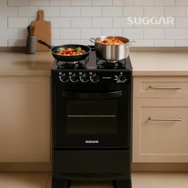 Imagem de Suggar Fogão de Piso, Gás, 4 Bocas, Mesa em Vidro Temperado, Forno 56L, Cook Essence, Preto, 64,3x49,4x92cm, Controle Frontal, 21,3kg