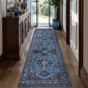 Imagem de Tangsoo Tapete de corredor lavável azul 6 x 25 cm, antiderrapante, vintage, 3 m para corredores, tapete longo macio de pilha baixa, tapetes estampados para cozinha, quarto, entrada, sala de estar