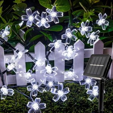 Imagem de ANJAYLIA 60 luzes solares de LED para flores, à prova d'água, luzes de flor de cerejeira com 8 modos, luz decorativa movida a energia solar para jardim, pátio, cerca, quintal, árvore, festa, decoração