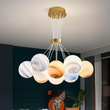 Imagem de Luminária pendente exclusiva em formato de planeta, lustre com esfera de vidro colorido em formato de bola, luminária de teto decorativa com altura ajustável, ideal para sala de jantar, quar