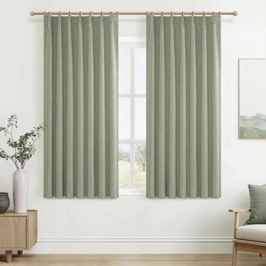 Imagem de Cortinas curtas de linho blecaute verde sálvia 137 cm de comprimento para sala de estar/quarto/cozinha, cortina plissada pequena boho verde claro cortina de janela de jantar viral com isolamento