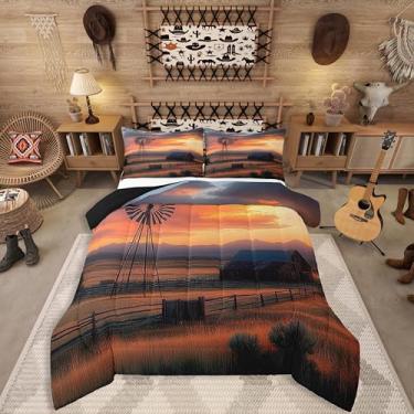 Imagem de Erosebridal Conjunto de edredom Queen com moinho de vento, para adultos, homens e mulheres, vintage, planícies ocidentais, rústico, com enchimento, luxuoso, macio e todas as estações