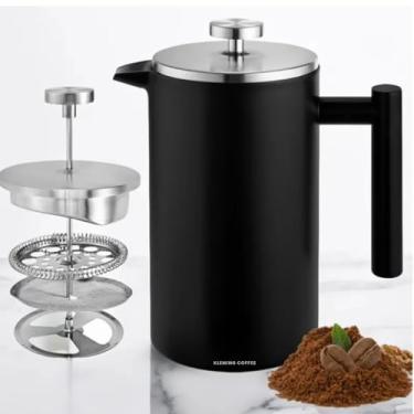 Imagem de KLEMING COFFEE |Cafeteira de Prensa Francesa com Parede Dupla em Aço Inoxidável,700 ml, Térmica, 60 MinutosTempo de Preservação do Calor, Filtragem Perfeita, Aço Inox 304. Preta com Tampa Prata |