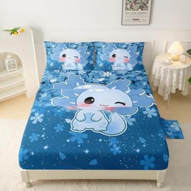 Imagem de QOOMO Jogo de lençol infantil Kawaii Axolotl Queen, leve para todas as estações, azul para decoração de quarto, 1 lençol com elástico, 1 lençol de cima, 2 fronhas