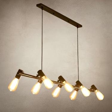 Imagem de Lustre industrial rústico linear, luminária pendente para interiores, ideal para sala de jantar, com acabamento em metal preto, perfeito para ilha de cozinha, bar em estilo fazenda ou hotel.