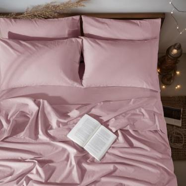 Imagem de LBRO2M Jogo de lençol 100% linho, tamanho casal, conjuntos de lençóis de cama de 6 peças, lençóis de linho natural de cor sólida, roupa de cama macia e respirável, bolso profundo de 41 cm, todas as