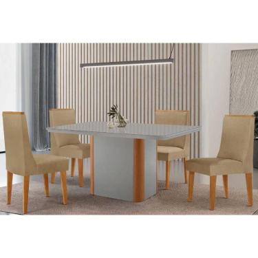 Imagem de Conjunto: Mesa Sala Jantar Pietá Curvo 120cm + 4 Cadeiras Dakota Madeira Naturale/Off White - Capuccino/Linho Bege - Rufato