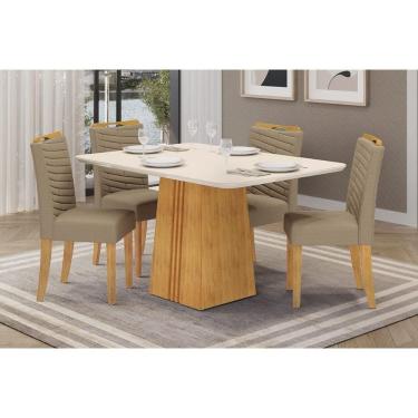 Imagem de Conjunto: Mesa Sala Jantar Italia c/ Tampo Madeirado c/ Vidro 120x90cm e 4 Cadeiras Julia Cedro/Off White - Linho Bege DJ Móveis