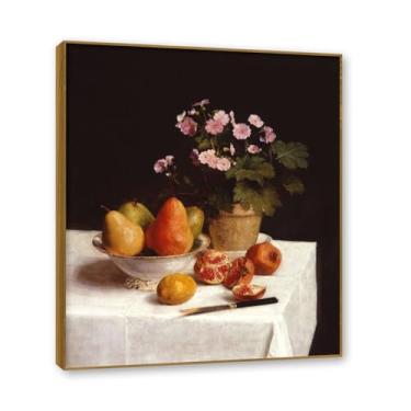 Imagem de NHLDZYH Moldura de teca. Tela de frutas botânicas vintage, impressão de estilo de pintura a óleo vintage, decoração de jantar country de fazenda, pronta para pendurar. D16. 40 x 48 cm.