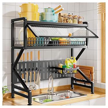 Imagem de Organizador de cozinha de 2 camadas sobre a pia – Suporte grande ajustável para utensílios organizador de cozinha com prateleira economizadora de espaço e 5 ganchos