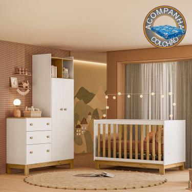 Imagem de Quarto de Bebê com Berço Slim e Guarda Roupa com Cômoda Flora Branco Freijó Qmovi + Colchão Ortobom