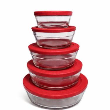 Imagem de Conjunto 5 Potes de Vidro Redondo Cairo com Tampa - Wellmix, Vermelha 