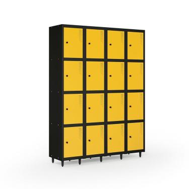 Imagem de Armário Roupeiro Locker Guarda-volume de Aço 16 Portas Pequenas com Fecho para Cadeado Vestiário Amarelo/Preto
