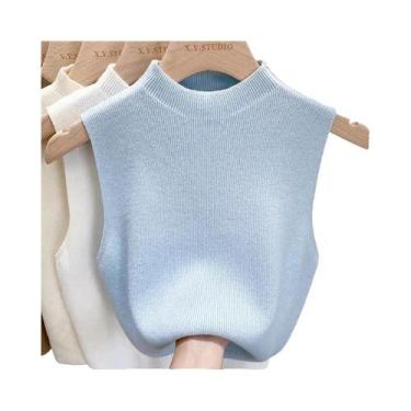 Imagem de Colete De Tricô Feminino Sem Mangas Com Gola Alta E Top Cropped Para P
