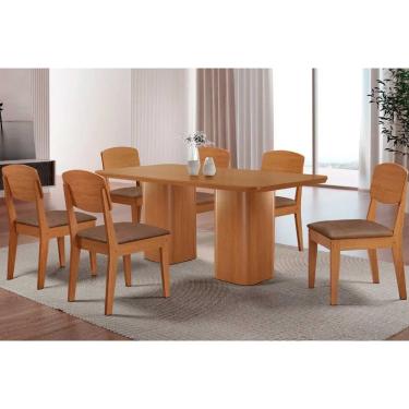 Imagem de Conjunto: Mesa de Cozinha Maldivas c/ Tampo Madeirado Canto Curvo 180x90cm e 6 Cadeiras Havana Naturale - Corano Capuccino - Rufato