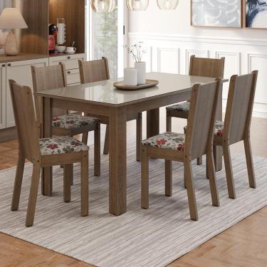 Imagem de Conjunto Sala de Jantar Cereja Mesa Tampo de Vidro 6 Cadeiras Rustic/Crema/Floral Hibiscos Madesa