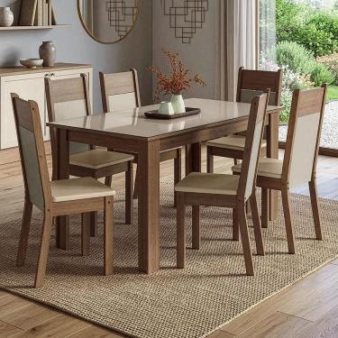 Imagem de Conjunto Sala de Jantar Mocha Mesa Tampo de Vidro 6 Cadeiras Rustic/Crema/Sintético Bege Madesa