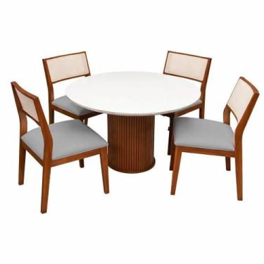 Imagem de Mesa de Jantar Dara 110cm Redonda com Vidro e 4 Cadeiras Oiti em Linho