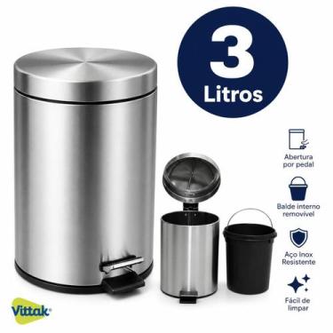 Imagem de Vittak Lixeira 3L Aço Inox Redonda com Balde para Banheiro, Cozinha e 